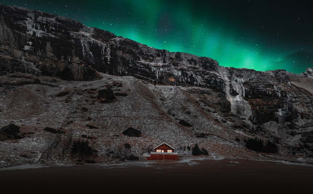 Ferienhaus, Polarlicht, Wasserfall, Island