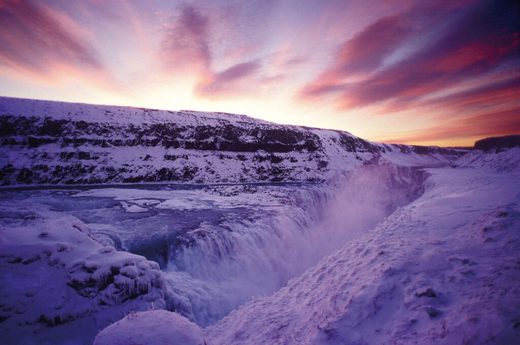 Wasserfall, Gullfoss, Abendrot, Schnee, Island