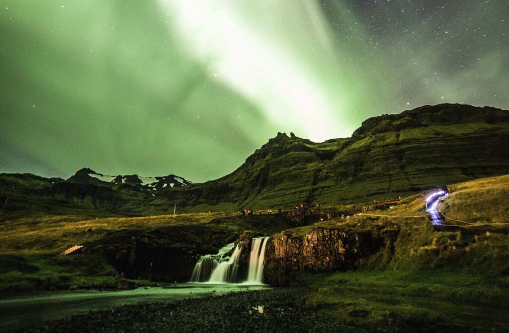 Wasserfall, Nordlichter, Oktober, Island