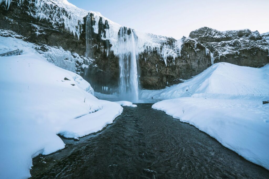 Wasserfall, Seljalandsfoss, Schnee, Island